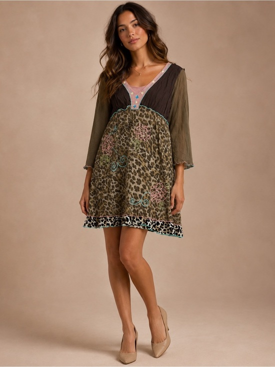 Urban Mango Dresses & Skirts - Urban Mango Leopard Floral Embroidered Boho Tunic Dress Size L